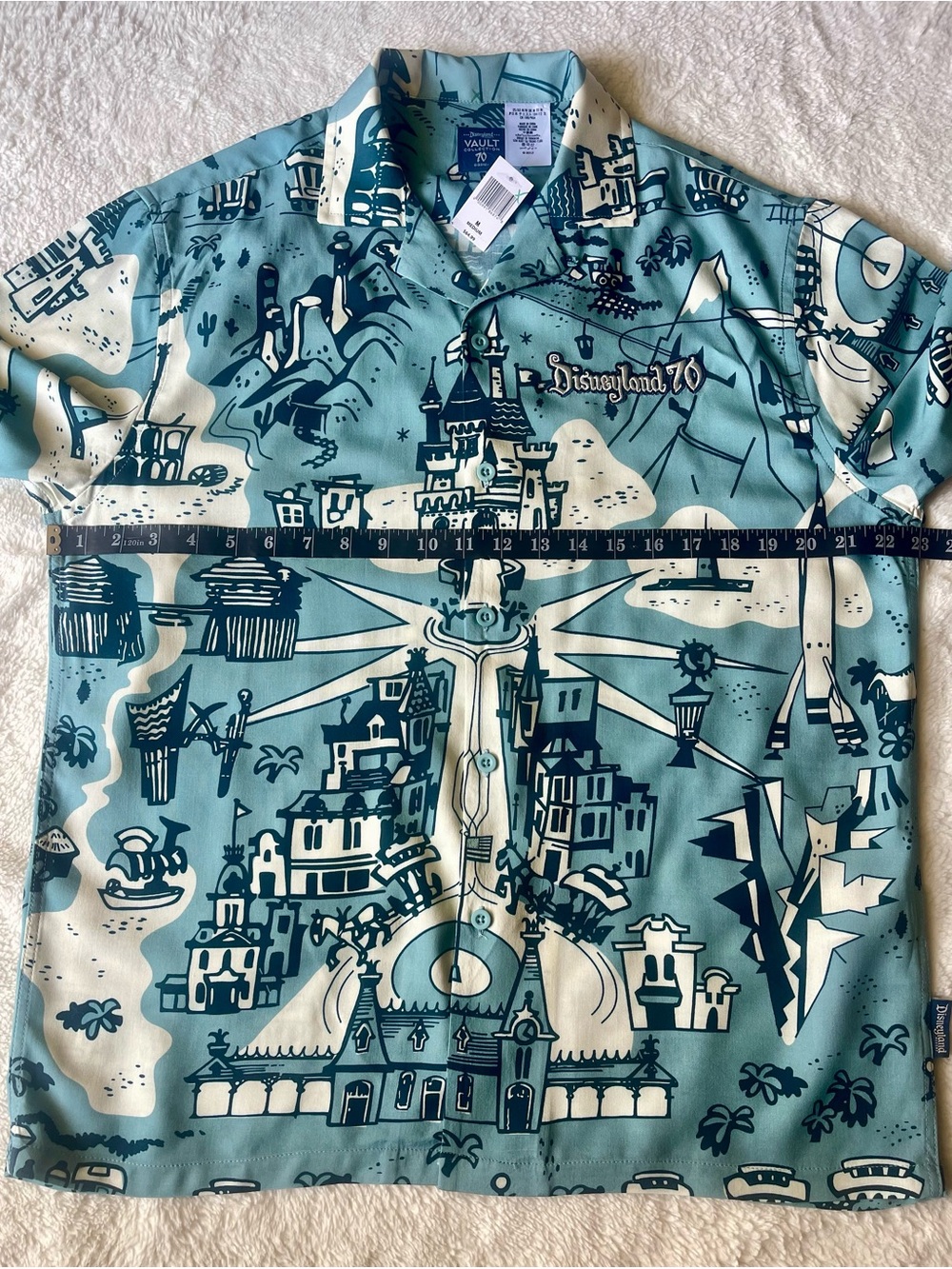 Disneyland 70th Anniversary Graphic Woven Shirt Teal and Cream